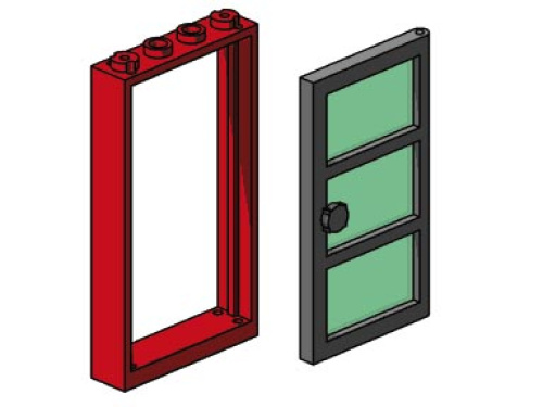 B003-1 1x4x6 Red Door and Frames, Transparent Green Panes